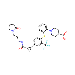 O=C(O)C1CCN(c2ccccc2Sc2ccc([C@@H]3C[C@@H]3C(=O)NCCCN3CCCC3=O)cc2C(F)(F)F)CC1 ZINC000028021923