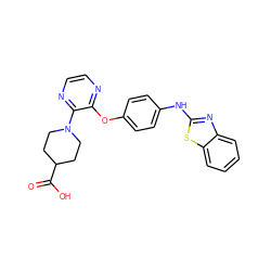 O=C(O)C1CCN(c2nccnc2Oc2ccc(Nc3nc4ccccc4s3)cc2)CC1 ZINC000095562291