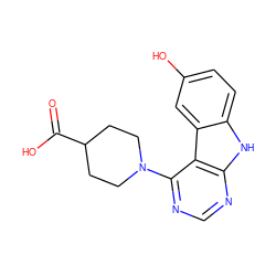 O=C(O)C1CCN(c2ncnc3[nH]c4ccc(O)cc4c23)CC1 ZINC000221380260