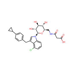 O=C(O)CC(=O)NC[C@H]1O[C@@H](n2cc(Cc3ccc(C4CC4)cc3)c3c(Cl)cccc32)[C@H](O)[C@@H](O)[C@@H]1O ZINC000206913770