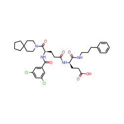 O=C(O)CC[C@@H](NC(=O)CC[C@@H](NC(=O)c1cc(Cl)cc(Cl)c1)C(=O)N1CCC2(CCCC2)CC1)C(=O)NCCCc1ccccc1 ZINC000029216522