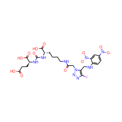 O=C(O)CC[C@H](NC(=O)N[C@@H](CCCCNC(=O)Cn1nnc(I)c1CNc1ccc([N+](=O)[O-])cc1[N+](=O)[O-])C(=O)O)C(=O)O ZINC000222771156