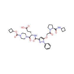 O=C(O)CC[C@H](NC(=O)c1cc(OCC(=O)N2CCC[C@H]2C(=O)NC2CCC2)n(-c2ccccc2)n1)C(=O)N1CCN(C(=O)OC2CCC2)CC1 ZINC000095552250