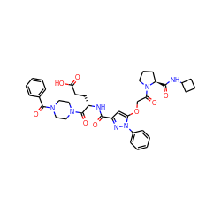 O=C(O)CC[C@H](NC(=O)c1cc(OCC(=O)N2CCC[C@H]2C(=O)NC2CCC2)n(-c2ccccc2)n1)C(=O)N1CCN(C(=O)c2ccccc2)CC1 ZINC000095555464