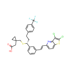 O=C(O)CC1(CS[C@H](CCc2ccc(C(F)(F)F)cc2)c2cccc(/C=C/c3ccc4sc(Cl)c(Cl)c4n3)c2)CC1 ZINC000026569749