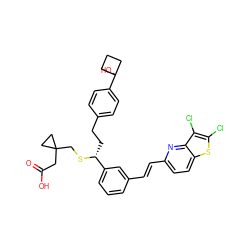 O=C(O)CC1(CS[C@H](CCc2ccc(C3(O)CCC3)cc2)c2cccc(/C=C/c3ccc4sc(Cl)c(Cl)c4n3)c2)CC1 ZINC000026570243