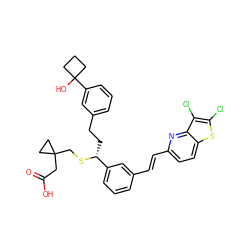 O=C(O)CC1(CS[C@H](CCc2cccc(C3(O)CCC3)c2)c2cccc(/C=C/c3ccc4sc(Cl)c(Cl)c4n3)c2)CC1 ZINC000026570254