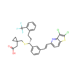 O=C(O)CC1(CS[C@H](CCc2ccccc2C(F)(F)F)c2cccc(/C=C/c3ccc4sc(Cl)c(Cl)c4n3)c2)CC1 ZINC000026575511