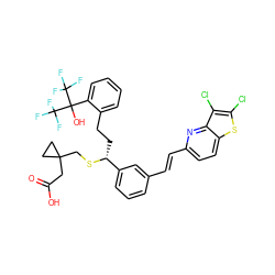 O=C(O)CC1(CS[C@H](CCc2ccccc2C(O)(C(F)(F)F)C(F)(F)F)c2cccc(/C=C/c3ccc4sc(Cl)c(Cl)c4n3)c2)CC1 ZINC000095610419