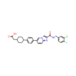 O=C(O)CC1CCC(c2ccc(-c3ccc4nc(C(=O)NCc5ccc(F)c(Cl)c5)cn4c3)cc2)CC1 ZINC000205561375