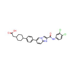 O=C(O)CC1CCC(c2ccc(-c3ccc4nc(C(=O)Nc5ccc(Cl)c(Cl)c5)cn4c3)cc2)CC1 ZINC000147780638