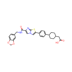 O=C(O)CC1CCC(c2ccc(-c3cn4cc(C(=O)NCc5ccc6c(c5)OCO6)nc4s3)cc2)CC1 ZINC000205571396