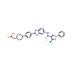 O=C(O)CC1CCC(c2ccc(-c3nc4cc(NC(=O)c5cn(-c6ccccc6)nc5C(F)(F)F)ccc4[nH]3)cc2)CC1 ZINC000096273605