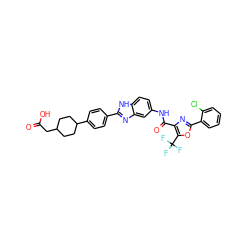 O=C(O)CC1CCC(c2ccc(-c3nc4cc(NC(=O)c5nc(-c6ccccc6Cl)oc5C(F)(F)F)ccc4[nH]3)cc2)CC1 ZINC000096273602