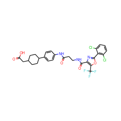 O=C(O)CC1CCC(c2ccc(NC(=O)CCNC(=O)c3nc(-c4c(Cl)cccc4Cl)oc3C(F)(F)F)cc2)CC1 ZINC001772615085