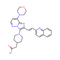 O=C(O)CC1CCN(c2c(/C=C/c3ccc4ccccc4n3)nc3c(N4CCOCC4)ccnn23)CC1 ZINC001772648377