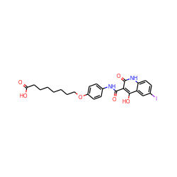 O=C(O)CCCCCCCOc1ccc(NC(=O)c2c(O)c3cc(I)ccc3[nH]c2=O)cc1 ZINC000026005123