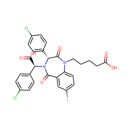 O=C(O)CCCCN1C(=O)[C@@H](c2ccc(Cl)cc2)N([C@H](C(=O)O)c2ccc(Cl)cc2)C(=O)c2cc(I)ccc21 ZINC000038377637