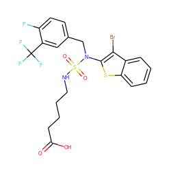 O=C(O)CCCCNS(=O)(=O)N(Cc1ccc(F)c(C(F)(F)F)c1)c1sc2ccccc2c1Br ZINC000138892778