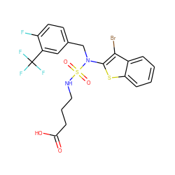 O=C(O)CCCNS(=O)(=O)N(Cc1ccc(F)c(C(F)(F)F)c1)c1sc2ccccc2c1Br ZINC000138892683