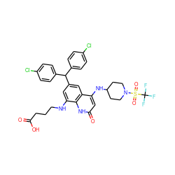 O=C(O)CCCNc1cc(C(c2ccc(Cl)cc2)c2ccc(Cl)cc2)cc2c(NC3CCN(S(=O)(=O)C(F)(F)F)CC3)cc(=O)[nH]c12 ZINC001772615303