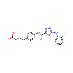 O=C(O)CCCc1ccc(NC(=O)c2nnc(Nc3ccccc3F)o2)cc1 ZINC000084671395