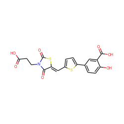 O=C(O)CCN1C(=O)S/C(=C\c2ccc(-c3ccc(O)c(C(=O)O)c3)s2)C1=O ZINC000029043850