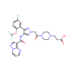 O=C(O)CCN1CCN(C(=O)Cn2cc(NC(=O)c3cnn4cccnc34)c(-c3cc(Cl)ccc3OC(F)F)n2)CC1 ZINC001772593172