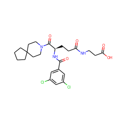 O=C(O)CCNC(=O)CC[C@@H](NC(=O)c1cc(Cl)cc(Cl)c1)C(=O)N1CCC2(CCCC2)CC1 ZINC000013745224