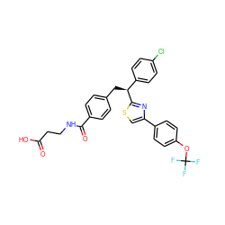 O=C(O)CCNC(=O)c1ccc(C[C@@H](c2ccc(Cl)cc2)c2nc(-c3ccc(OC(F)(F)F)cc3)cs2)cc1 ZINC000049881691