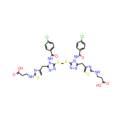 O=C(O)CCNc1nc(Cc2nnc(SCSc3nnc(Cc4csc(NCCC(=O)O)n4)n3NC(=O)c3ccc(Cl)cc3)n2NC(=O)c2ccc(Cl)cc2)cs1 ZINC000169364933