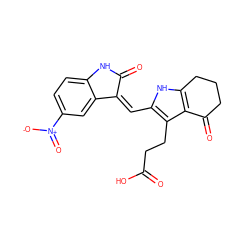 O=C(O)CCc1c(/C=C2\C(=O)Nc3ccc([N+](=O)[O-])cc32)[nH]c2c1C(=O)CCC2 ZINC000058592543