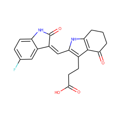 O=C(O)CCc1c(/C=C2\C(=O)Nc3ccc(F)cc32)[nH]c2c1C(=O)CCC2 ZINC000058575899