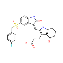 O=C(O)CCc1c(/C=C2\C(=O)Nc3ccc(S(=O)(=O)Cc4ccc(F)cc4)cc32)[nH]c2c1C(=O)CCC2 ZINC000058569422