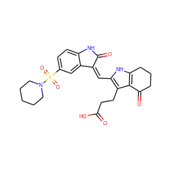 O=C(O)CCc1c(/C=C2\C(=O)Nc3ccc(S(=O)(=O)N4CCCCC4)cc32)[nH]c2c1C(=O)CCC2 ZINC000058582609