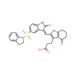 O=C(O)CCc1c(/C=C2\C(=O)Nc3ccc(S(=O)(=O)N4CCc5ccccc54)cc32)[nH]c2c1C(=O)CCC2 ZINC000058568477