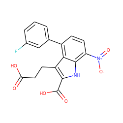 O=C(O)CCc1c(C(=O)O)[nH]c2c([N+](=O)[O-])ccc(-c3cccc(F)c3)c12 ZINC000299864065