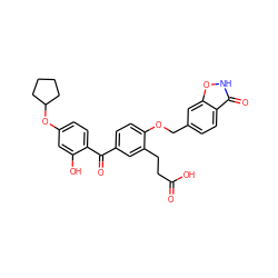 O=C(O)CCc1cc(C(=O)c2ccc(OC3CCCC3)cc2O)ccc1OCc1ccc2c(=O)[nH]oc2c1 ZINC000003816510