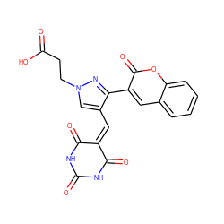 O=C(O)CCn1cc(C=C2C(=O)NC(=O)NC2=O)c(-c2cc3ccccc3oc2=O)n1 ZINC000020149229