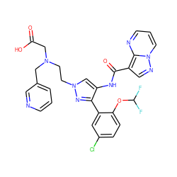 O=C(O)CN(CCn1cc(NC(=O)c2cnn3cccnc23)c(-c2cc(Cl)ccc2OC(F)F)n1)Cc1cccnc1 ZINC001772652612