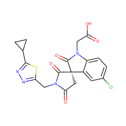 O=C(O)CN1C(=O)[C@@]2(CC(=O)N(Cc3nnc(C4CC4)s3)C2=O)c2cc(Cl)ccc21 ZINC000014976758