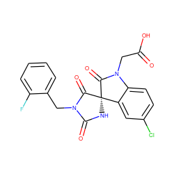 O=C(O)CN1C(=O)[C@@]2(NC(=O)N(Cc3ccccc3F)C2=O)c2cc(Cl)ccc21 ZINC000084708186