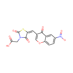 O=C(O)CN1C(=O)S/C(=C/c2coc3ccc([N+](=O)[O-])cc3c2=O)C1=O ZINC000040405452