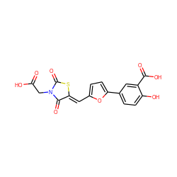 O=C(O)CN1C(=O)S/C(=C\c2ccc(-c3ccc(O)c(C(=O)O)c3)o2)C1=O ZINC000029045910