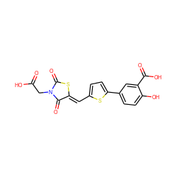 O=C(O)CN1C(=O)S/C(=C\c2ccc(-c3ccc(O)c(C(=O)O)c3)s2)C1=O ZINC000029043853