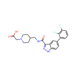 O=C(O)CN1CCC(CNC(=O)c2n[nH]c3ccc(-c4cccc(F)c4F)cc23)CC1 ZINC000205786280