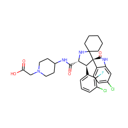 O=C(O)CN1CCC(NC(=O)[C@@H]2NC3(CCCCC3)[C@@]3(C(=O)Nc4cc(Cl)ccc43)[C@H]2c2cccc(Cl)c2F)CC1 ZINC000169700265