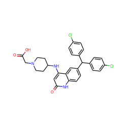 O=C(O)CN1CCC(Nc2cc(=O)[nH]c3ccc(C(c4ccc(Cl)cc4)c4ccc(Cl)cc4)cc23)CC1 ZINC001772585193