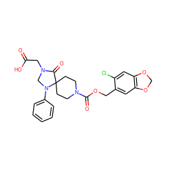 O=C(O)CN1CN(c2ccccc2)C2(CCN(C(=O)OCc3cc4c(cc3Cl)OCO4)CC2)C1=O ZINC000013864324