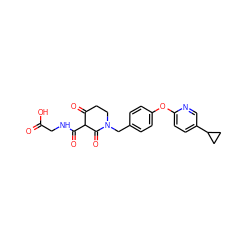 O=C(O)CNC(=O)C1C(=O)CCN(Cc2ccc(Oc3ccc(C4CC4)cn3)cc2)C1=O ZINC000208103483